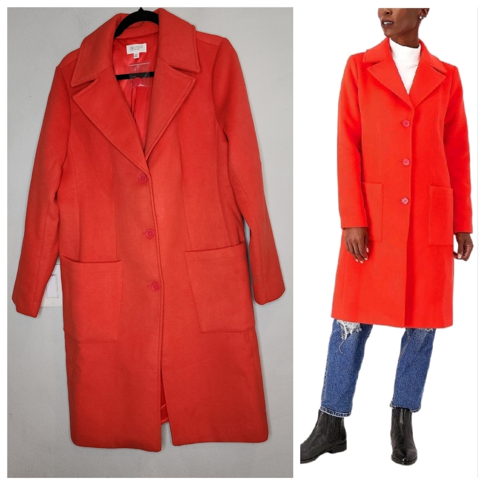 New Candace Cameron Faux Wool Button- Front‎ Tailored Coat Cherry Red Medium